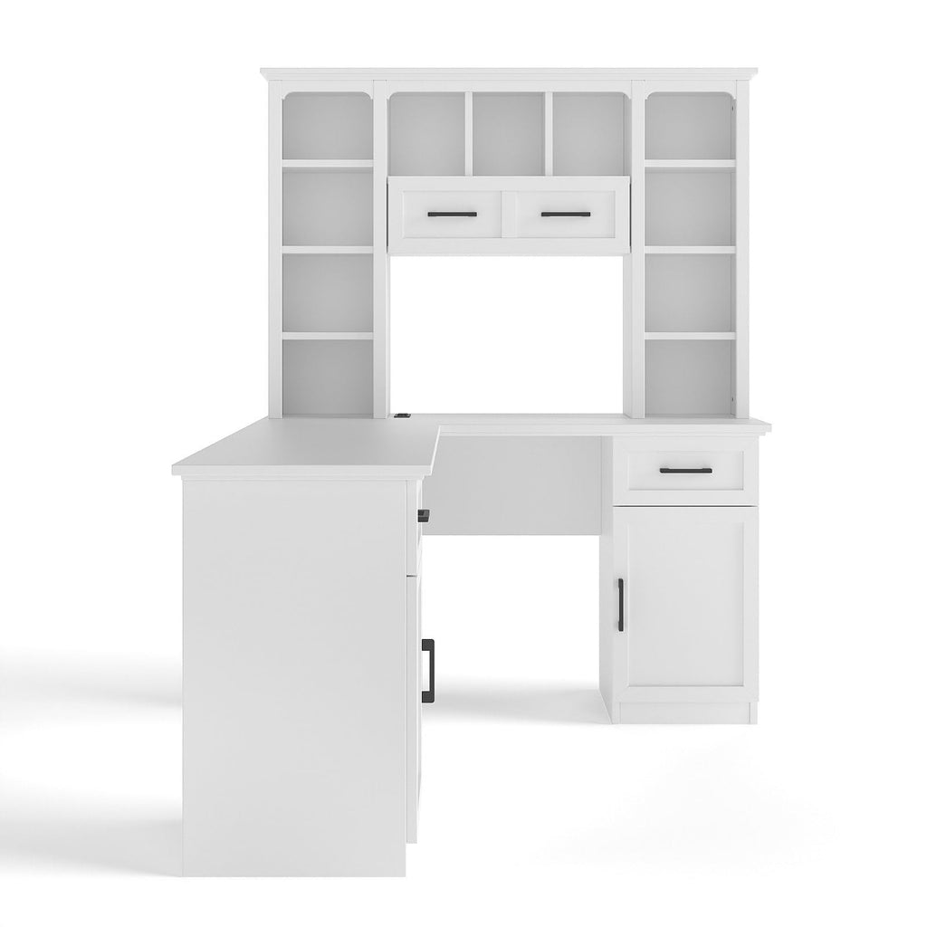 White L-Shaped Computer Desk with Hutch and Storage P169