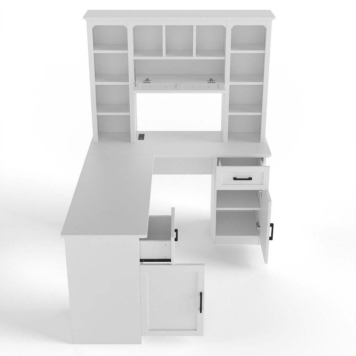 White L-Shaped Computer Desk with Hutch and Storage P169