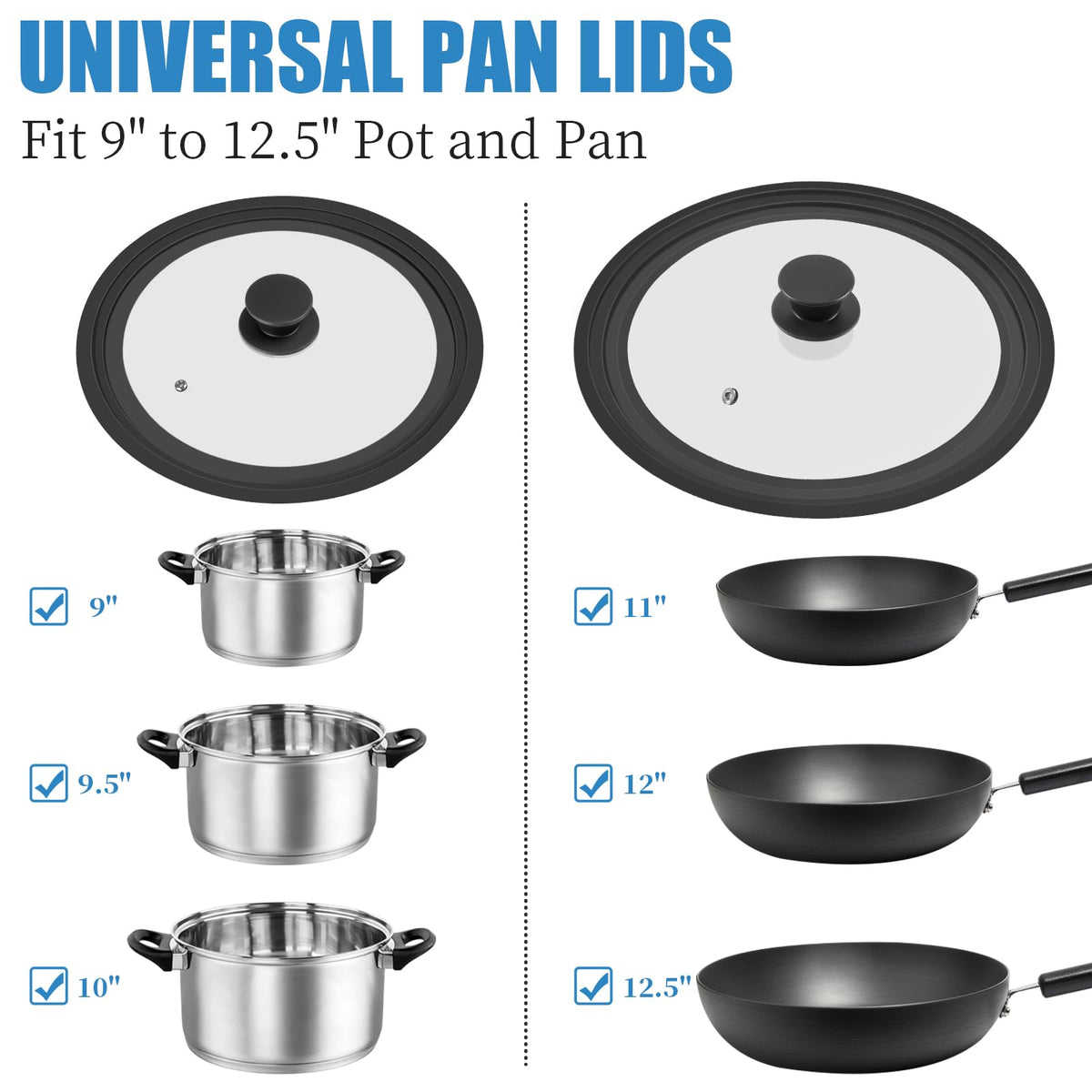 2 Pack Silicone Tempered Glass Universal Lid for Pots Pans and Skillets F9387
