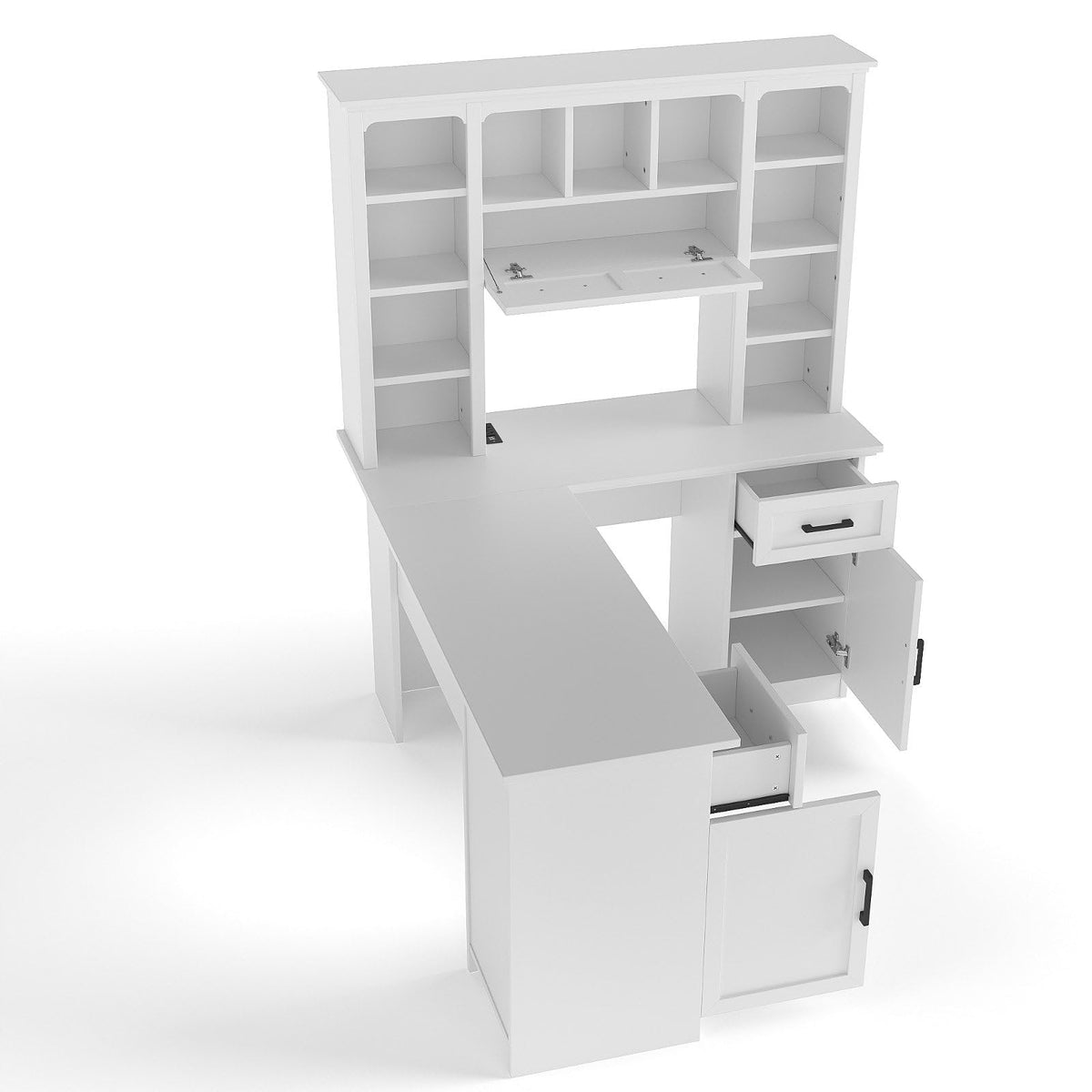 White L-Shaped Computer Desk with Hutch and Storage P169