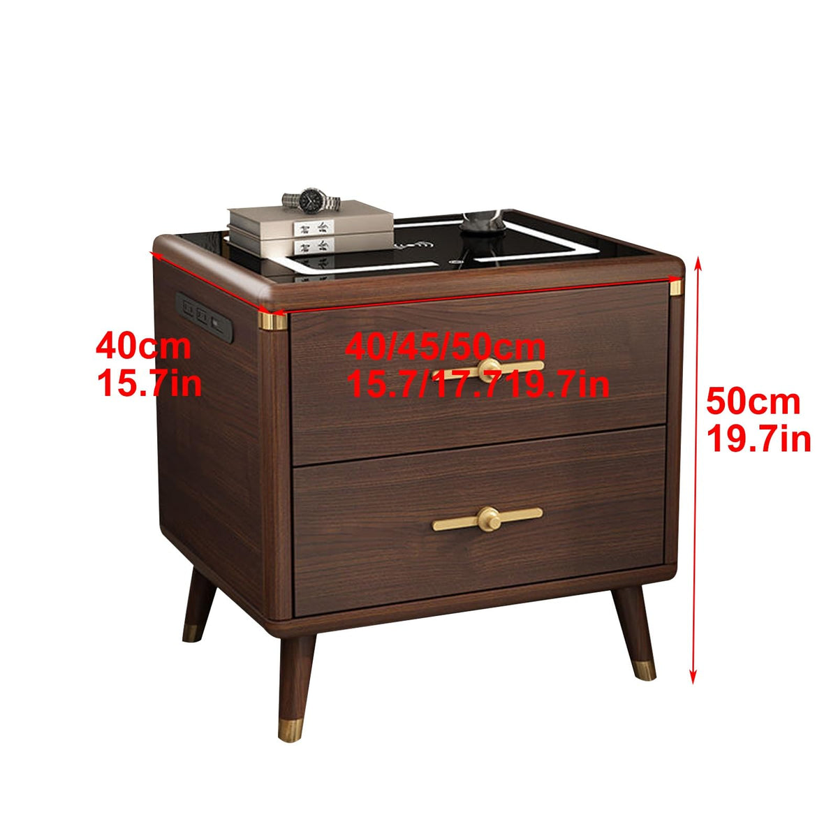 Solid Wood Nightstand with Wireless Charging Station and 2 Drawer Storage C363