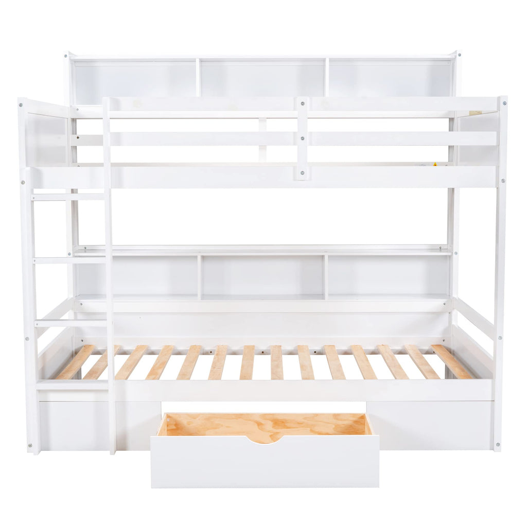 Twin Over Twin Wooden Bunk Bed with Shelves and Storage Drawer Q6340