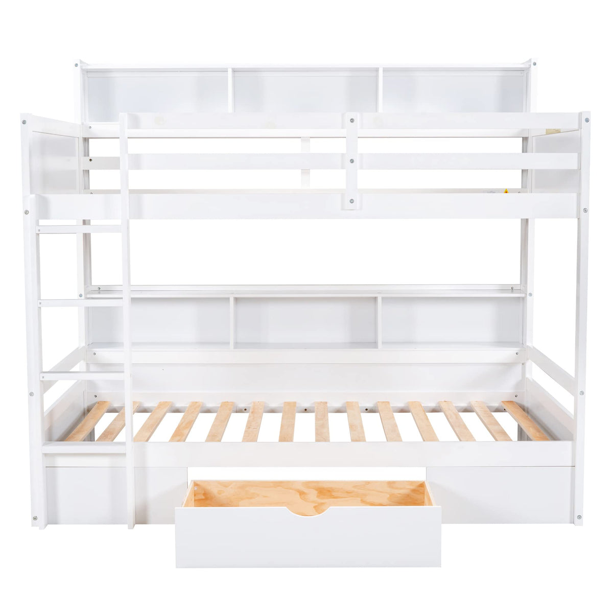 Twin Over Twin Wooden Bunk Bed with Shelves and Storage Drawer Q6340