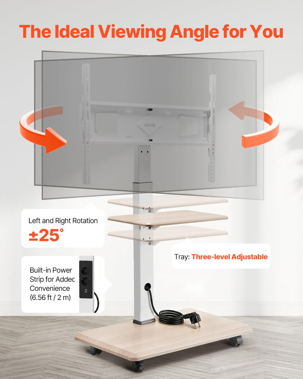 Rolling TV Stand for 32-70 Inch Screens, Height Adjustable with Tray Q5385