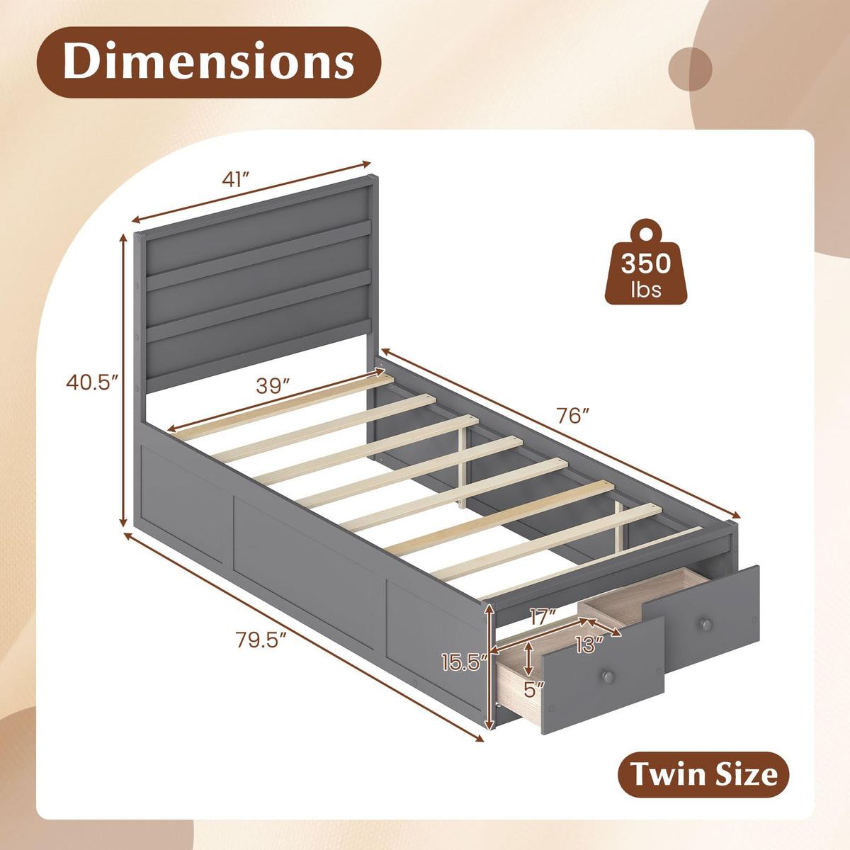 Grey Twin Wood Platform Bed with Storage Drawers K316
