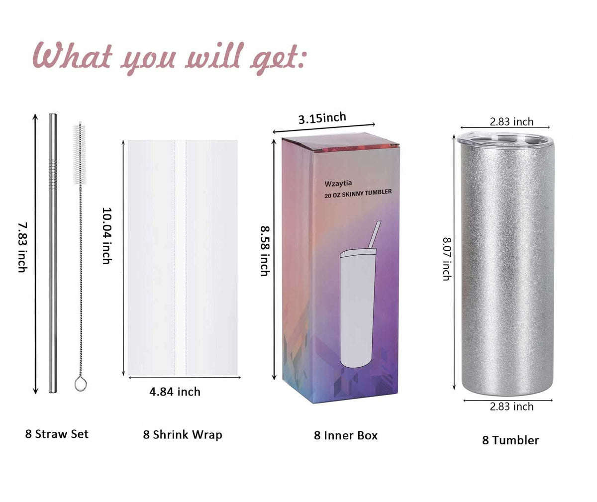 20 Oz 8 Pack Glitter Sublimation Skinny Tumblers Stainless Steel U774