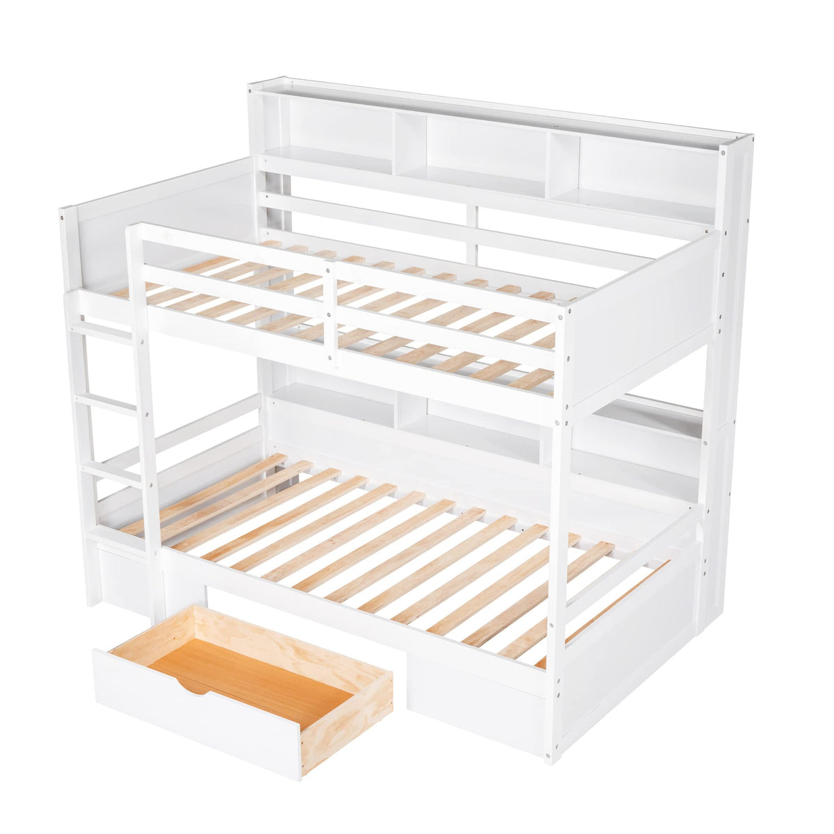 Twin Over Twin Wooden Bunk Bed with Shelves and Storage Drawer Q6340