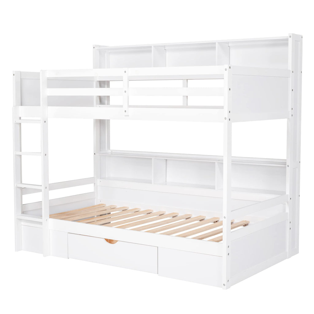 Twin Over Twin Wooden Bunk Bed with Shelves and Storage Drawer Q6340