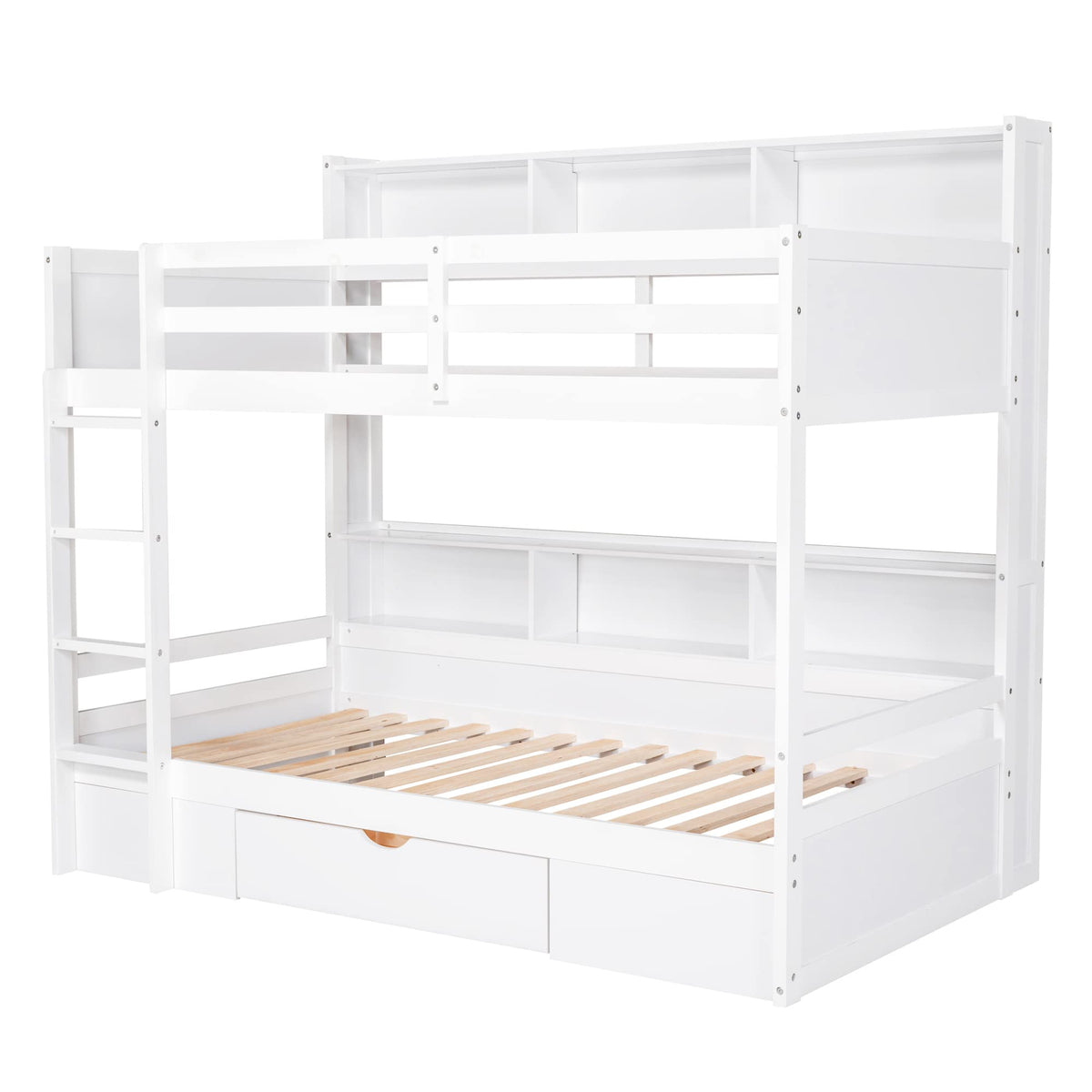 Twin Over Twin Wooden Bunk Bed with Shelves and Storage Drawer Q6340