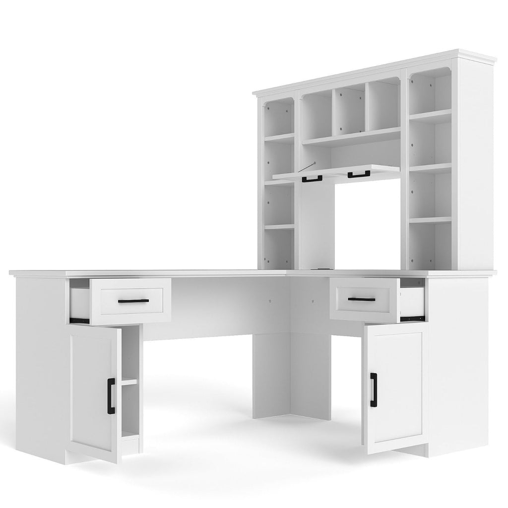 White L-Shaped Computer Desk with Hutch and Storage P169