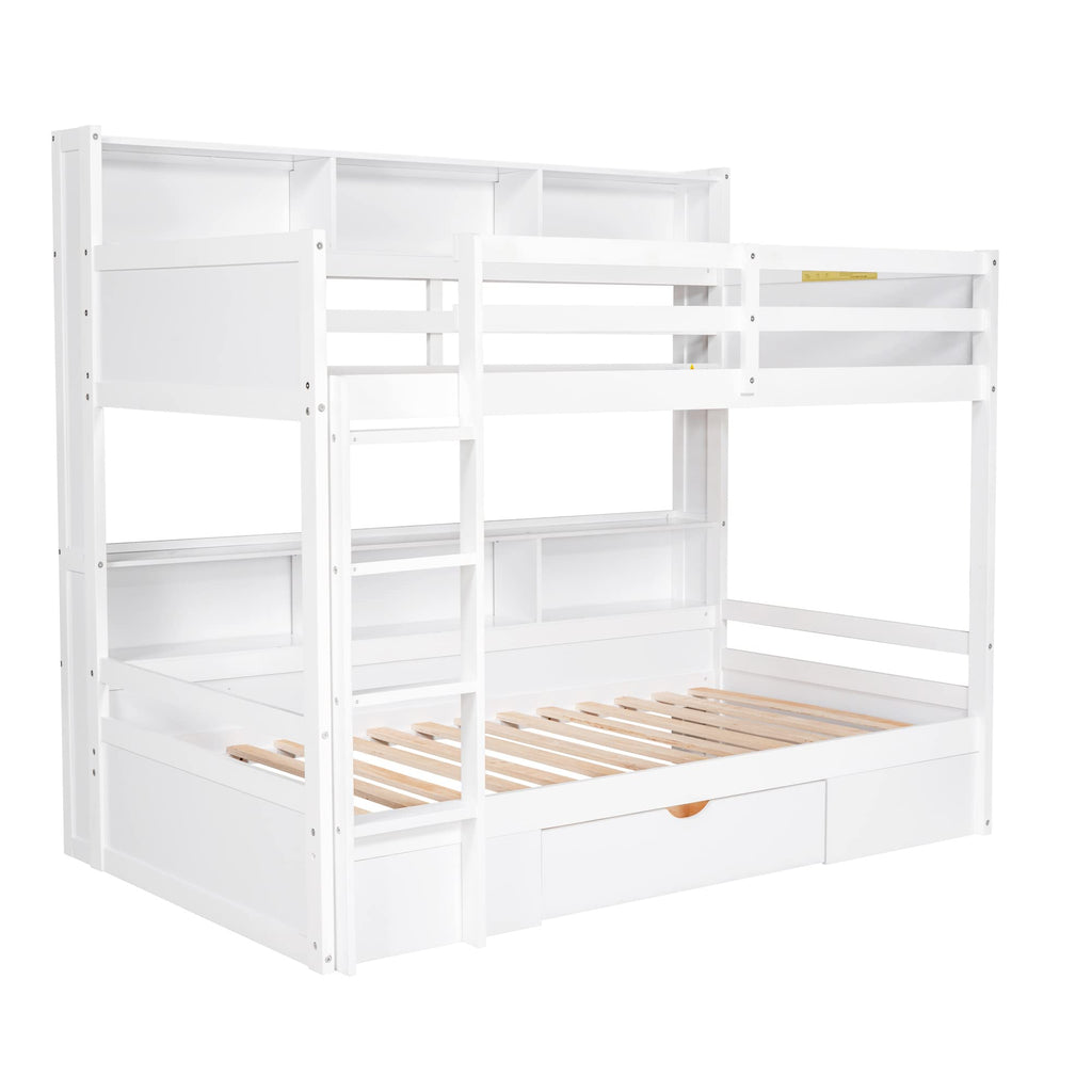 Twin Over Twin Wooden Bunk Bed with Shelves and Storage Drawer Q6340