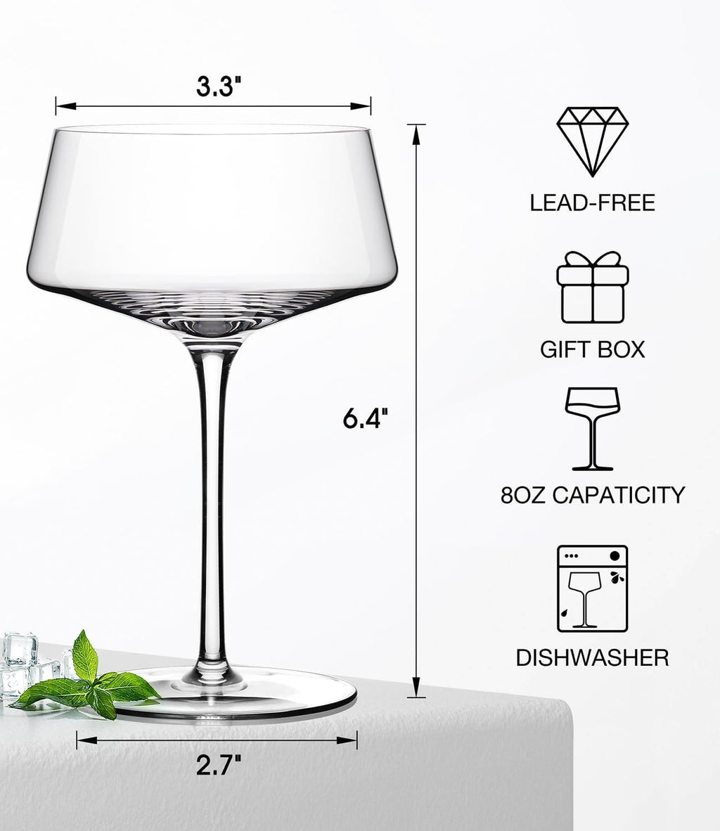 Hand Blown Martini Glasses Set of 4, 8 oz Crystal Cocktail Glass R2223