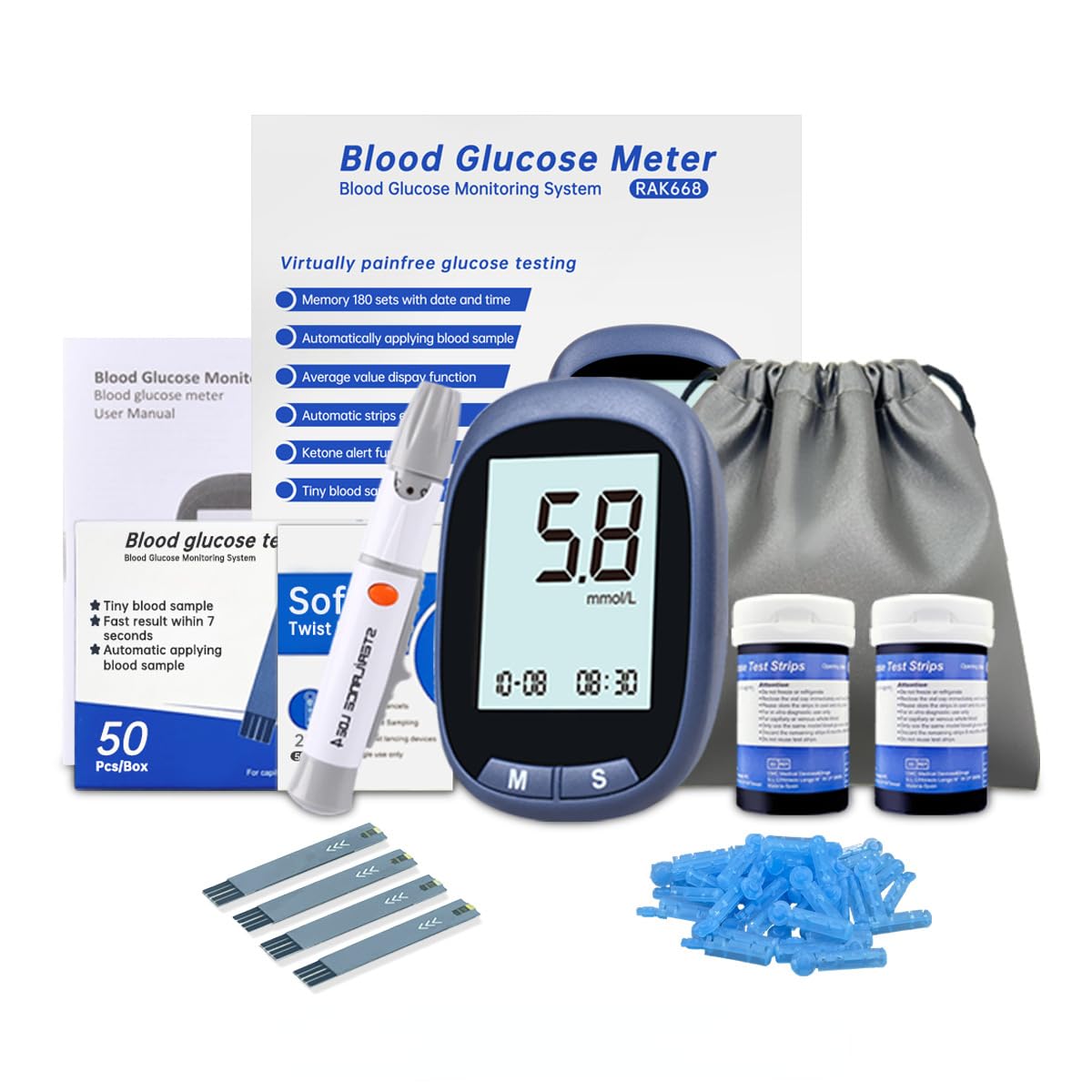 Blood Glucose Monitor Kit with 50 Test Strips and 50 Lancets A861