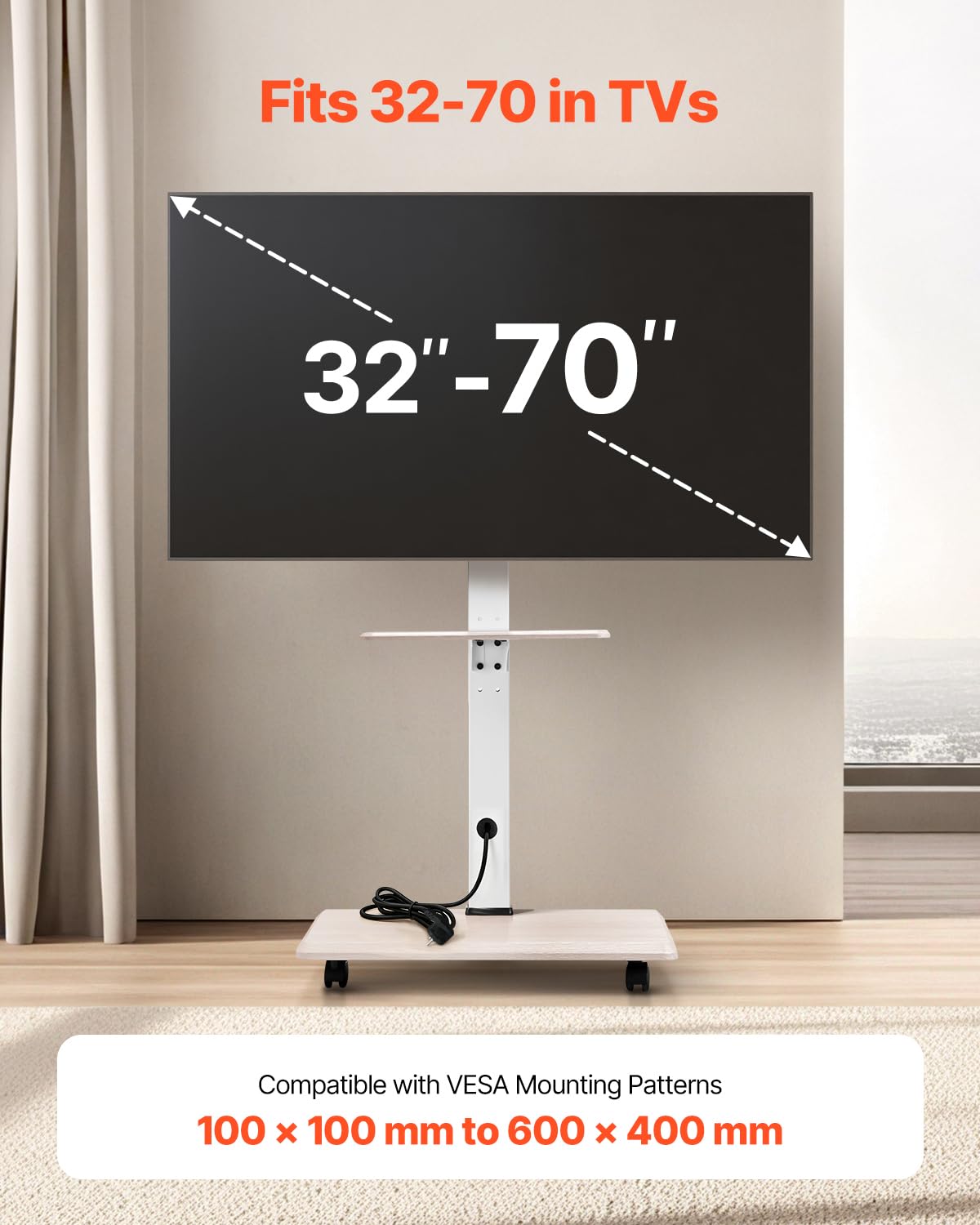 Rolling TV Stand for 32-70 Inch Screens, Height Adjustable with Tray Q5385