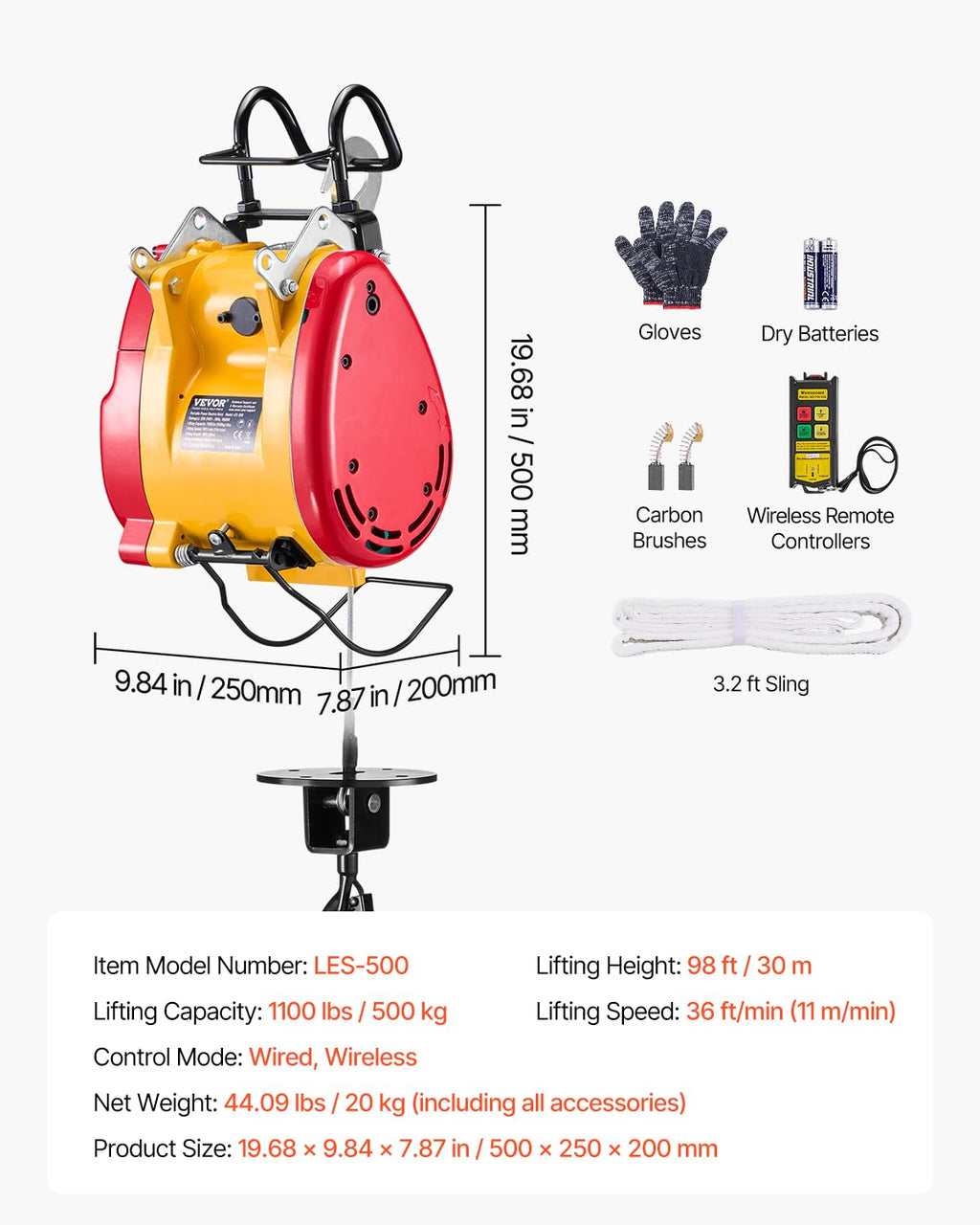1100 lbs 1800W Portable Electric Hoist Winch with Wireless Remote Control F663665