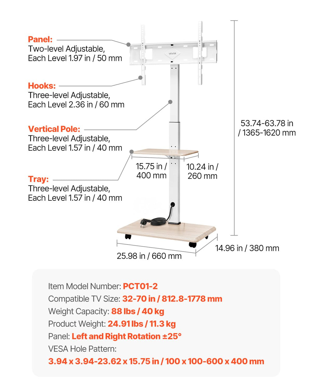 Rolling TV Stand for 32-70 Inch Screens, Height Adjustable with Tray Q5385