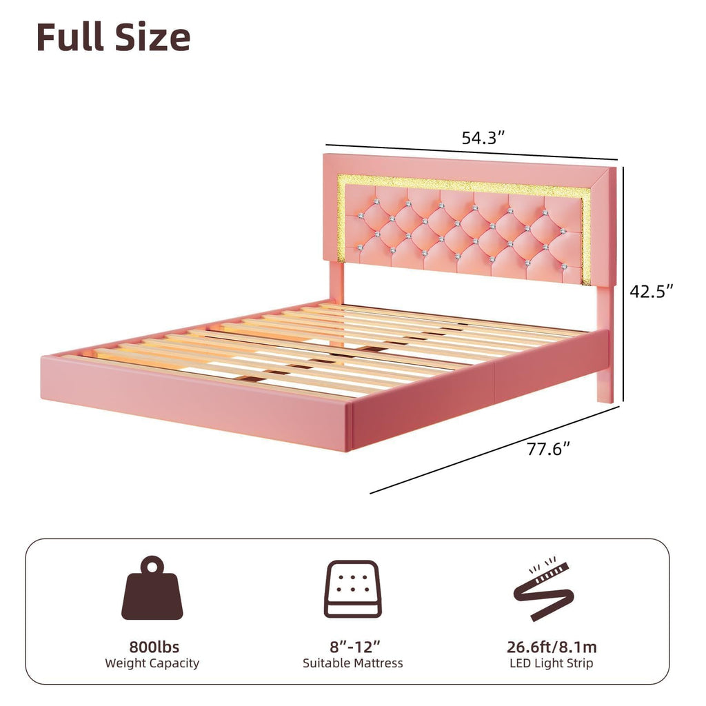 Pink Full Floating Bed Frame with LED Lights and Diamond Headboard I12415