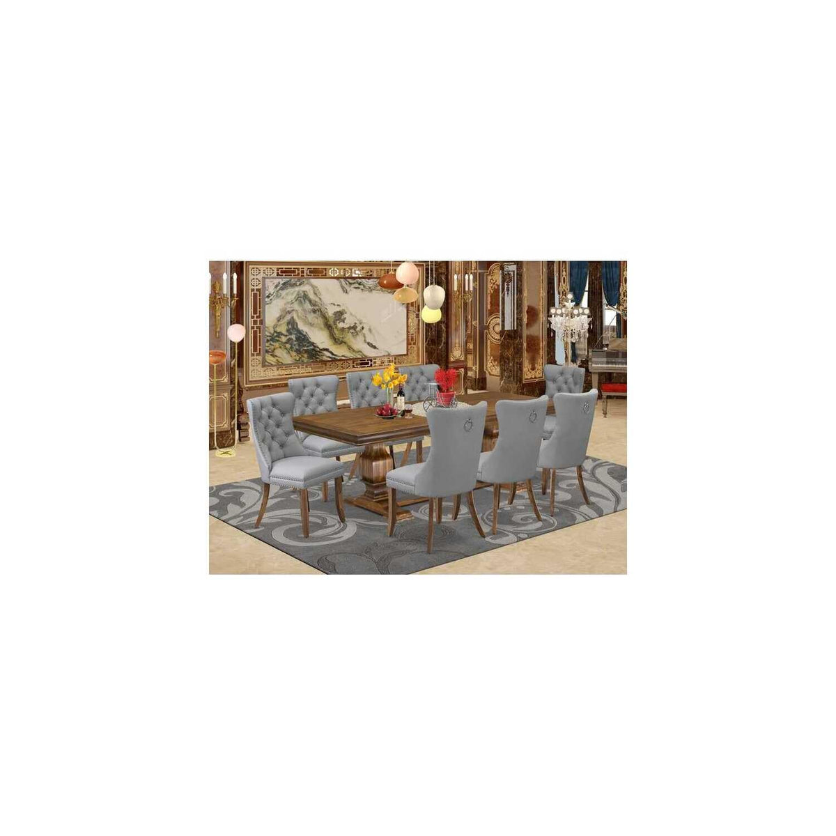 9 Piece Dining Table Set with 8 Light Gray Faux Leather Chairs F5533
