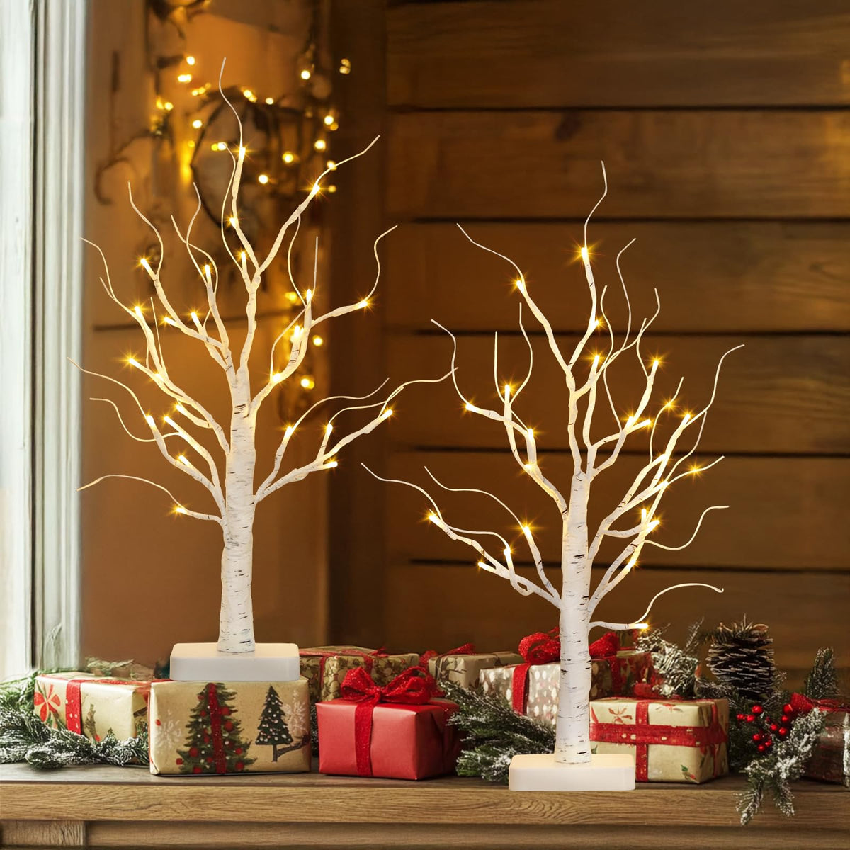 Lighted Birch Tree 2 Pack with 24 LED Battery Powered Timer Y38613