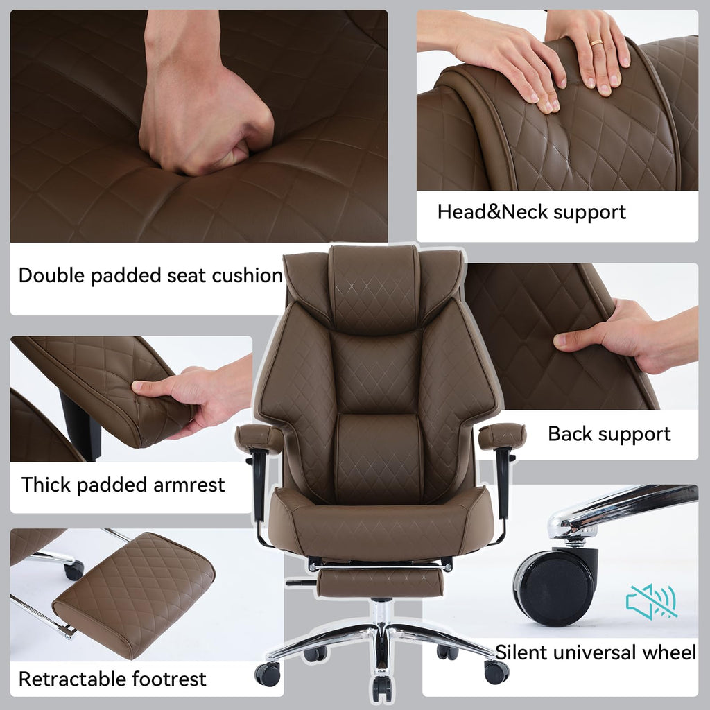 Big and Tall Office Chair with Footrest, PU Leather High Back Executive Chair 400lbs, Ergonomic Computer Chair Lumbar Support (Brown) U73488