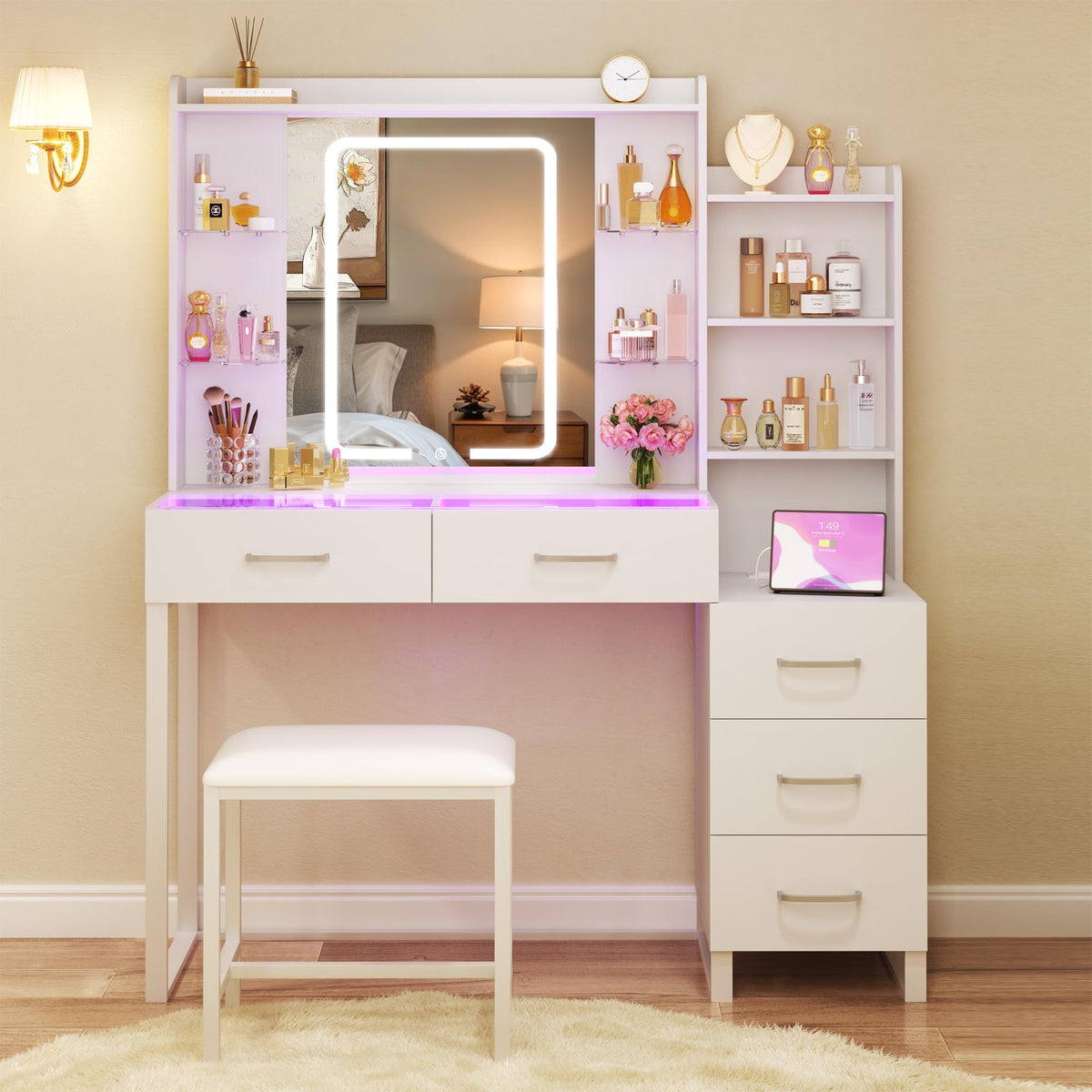 White Vanity Desk with Mirror and Stool 5 Drawers W77647