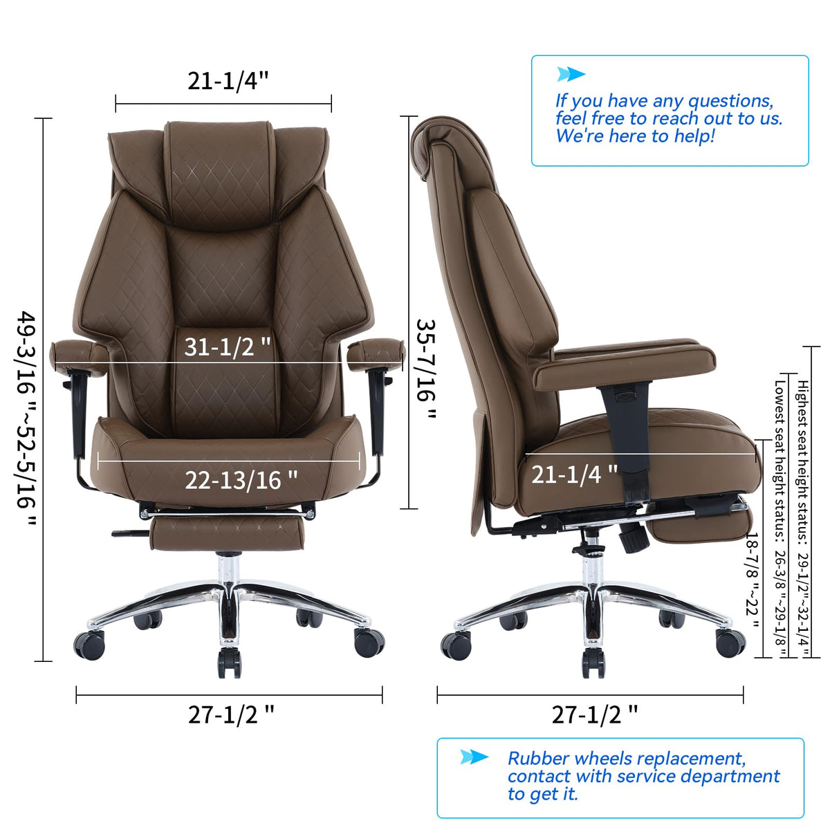 Big and Tall Office Chair with Footrest, PU Leather High Back Executive Chair 400lbs, Ergonomic Computer Chair Lumbar Support (Brown) U73488