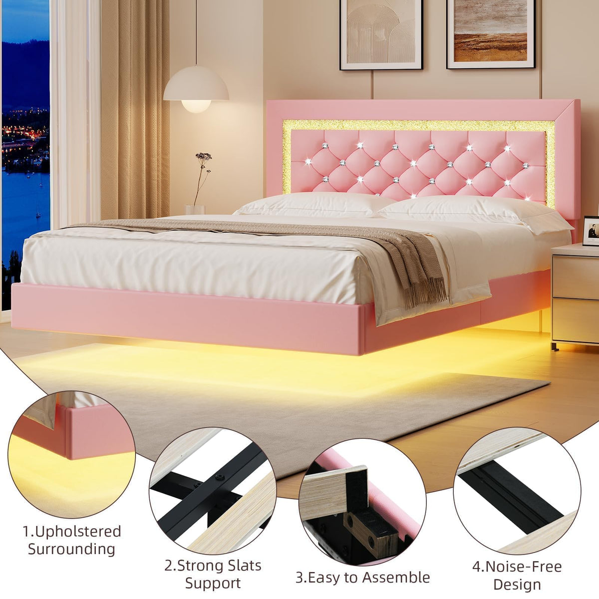 Pink Full Floating Bed Frame with LED Lights and Diamond Headboard I12415
