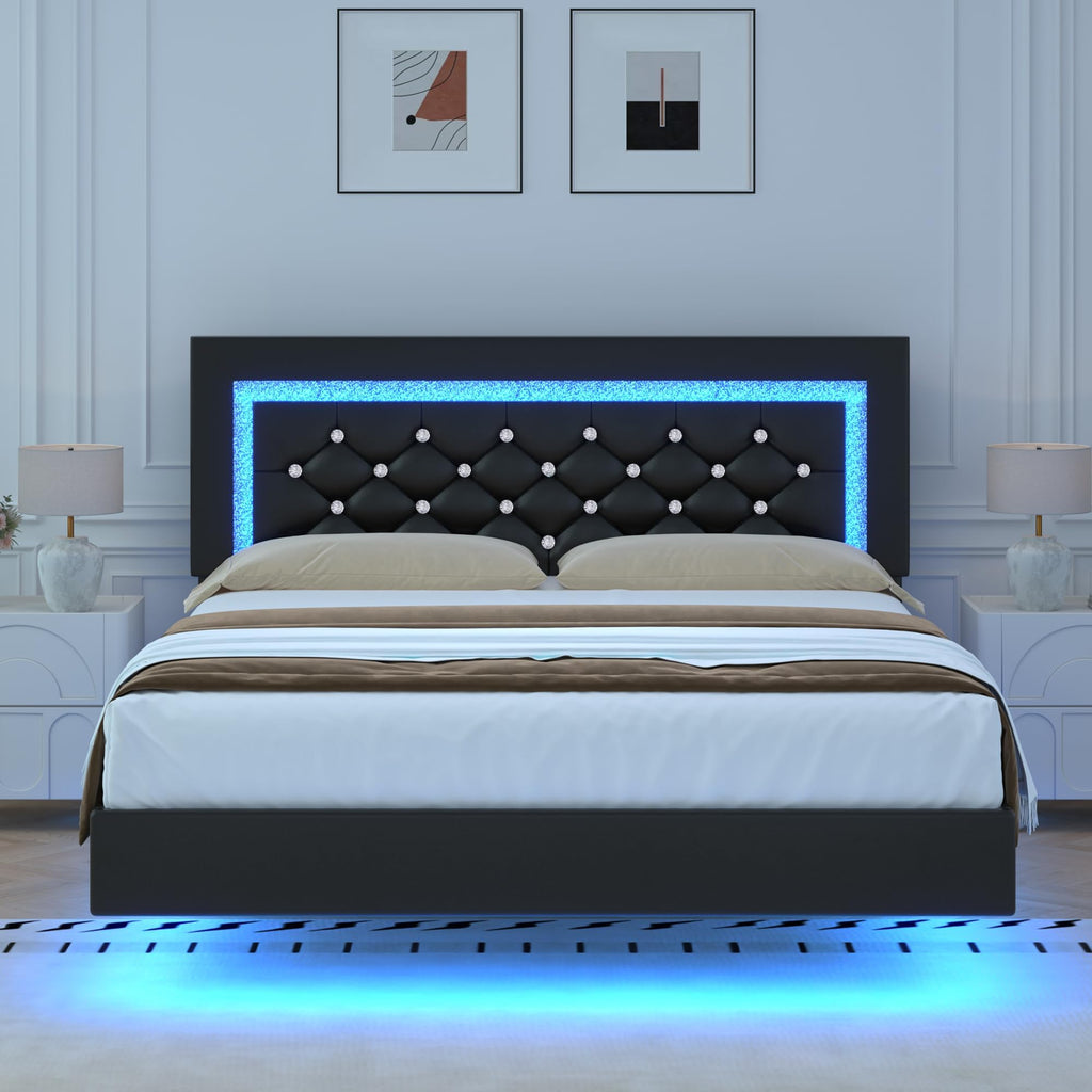 Black Full Floating Bed Frame with LED Lights and Tufted Headboard U23458