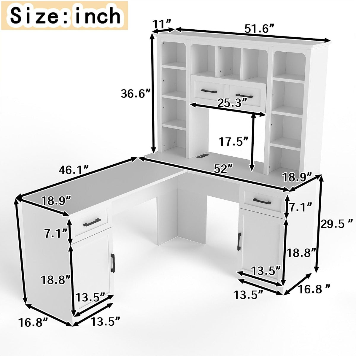 White L-Shaped Computer Desk with Hutch and Storage P169