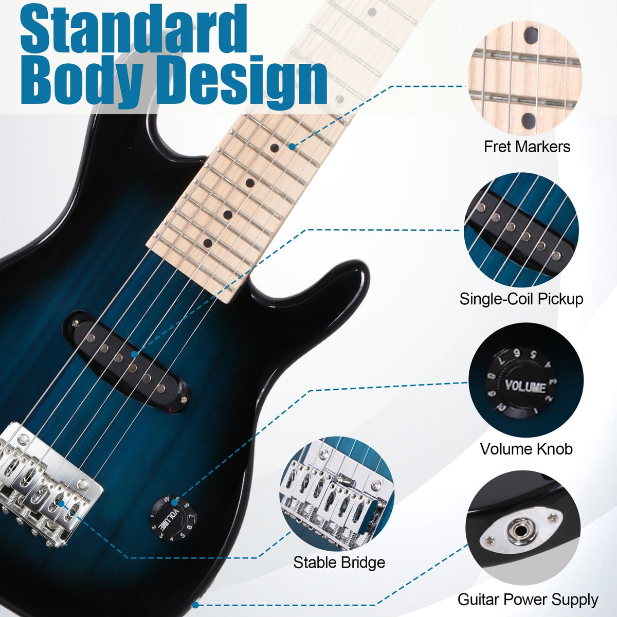 30 inch Kids Electric Guitar with 5w Amp, Gig Bag, Strap, Cable, Strings and Picks, Blue B737299