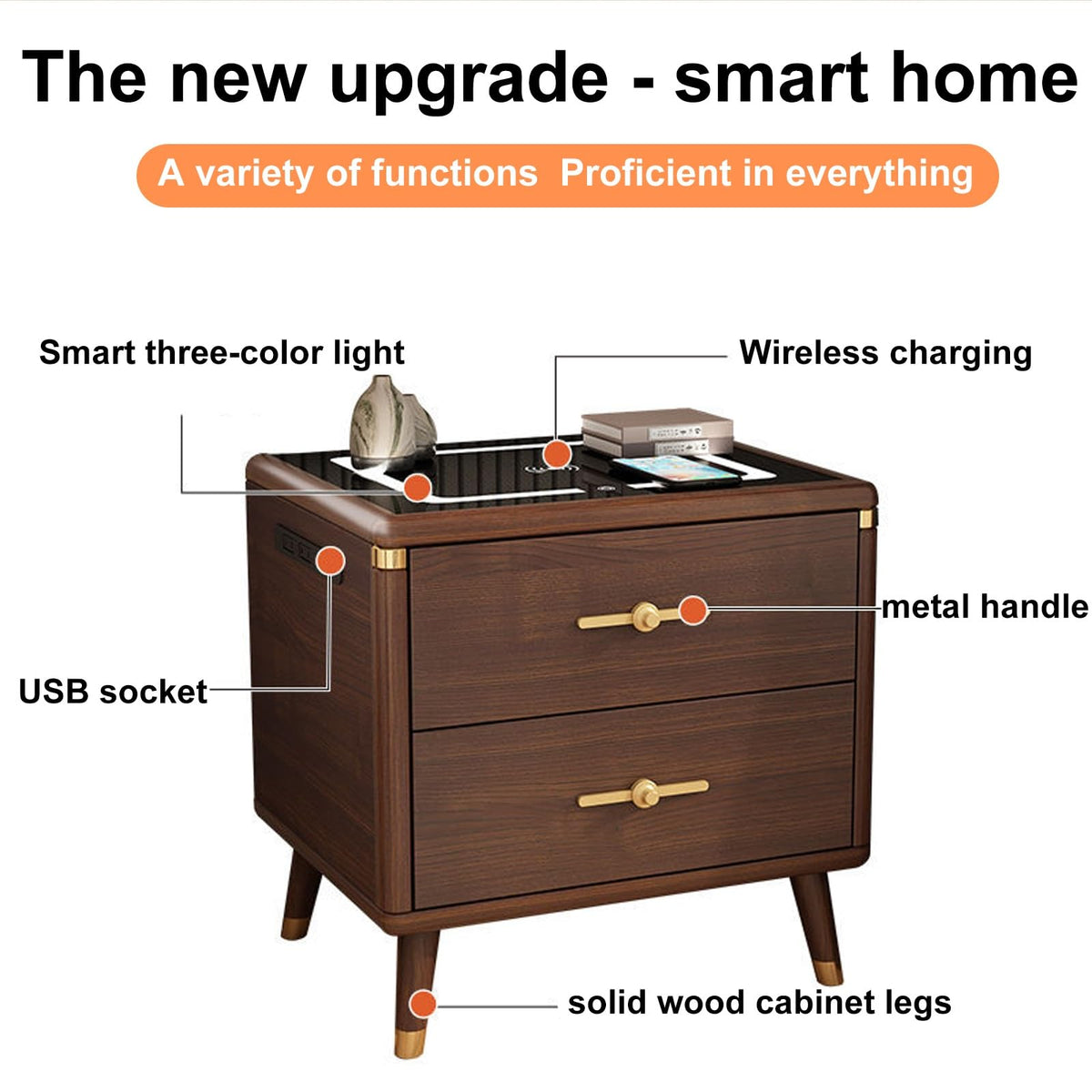 Solid Wood Nightstand with Wireless Charging Station and 2 Drawer Storage C363