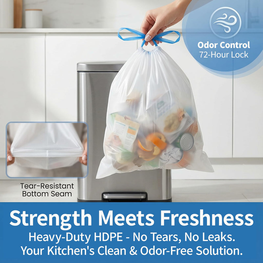 8 Gallon Drawstring Trash Bags 1.2 Mil Unscented 150 Count F729943