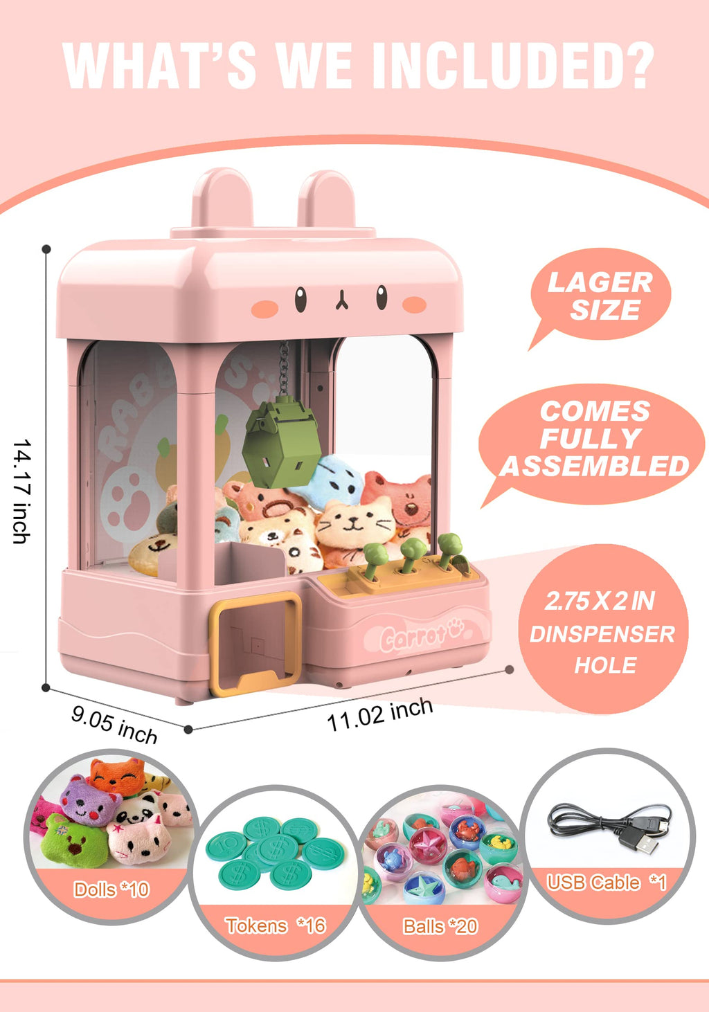 Large Claw Machine with Prizes, Adjustable Sound & Light, Mini Vending Machine, Electronic Arcade Crane Game, Candy Dispenser Toy L595488