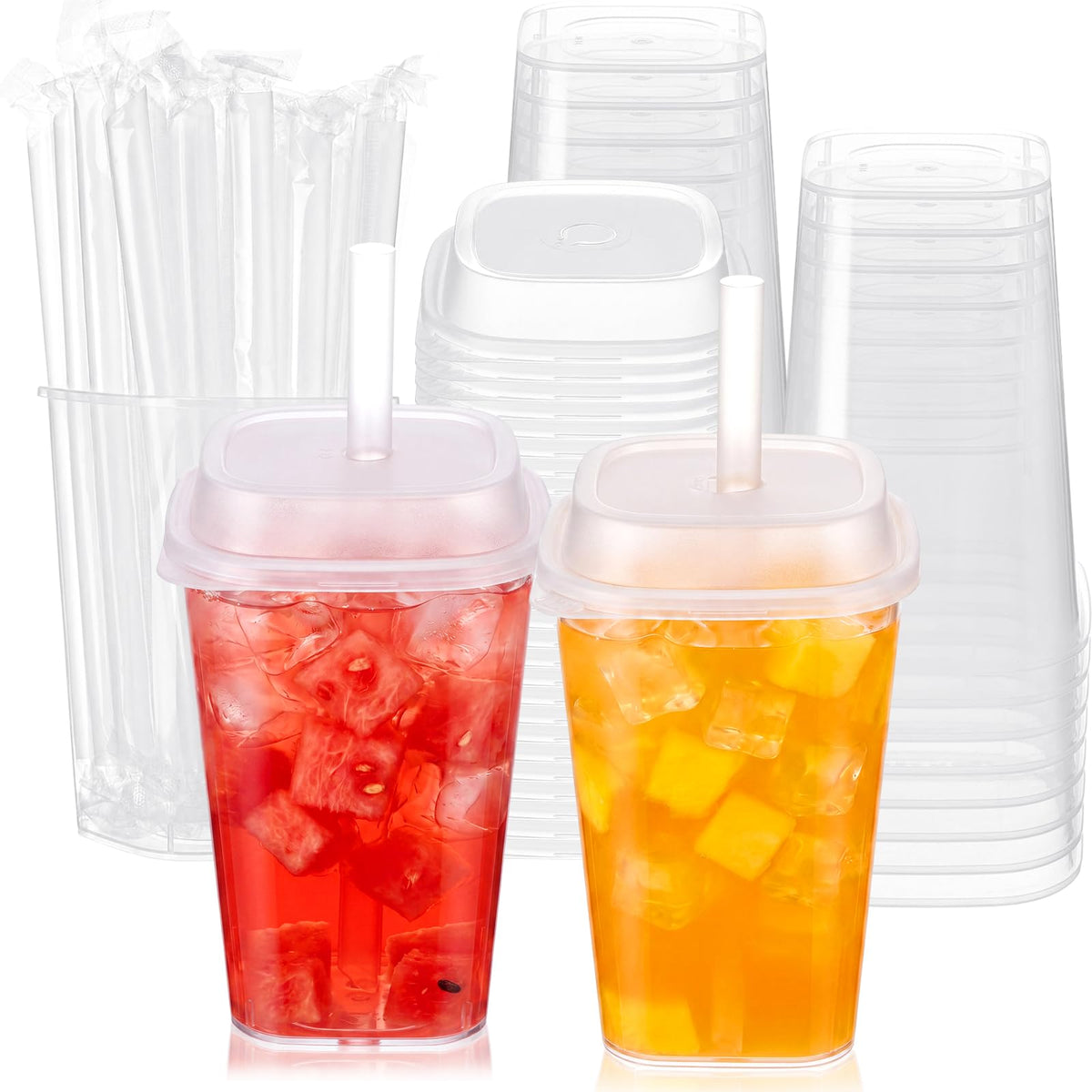 30 Pack 22 oz Clear Plastic Cups with Lids & Straws N92537