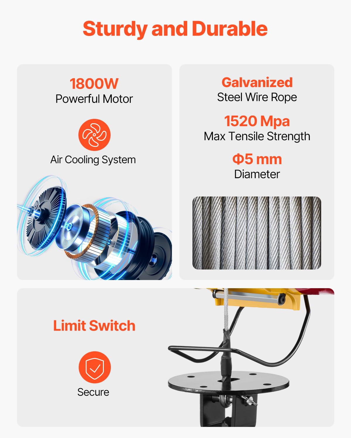 1100 lbs 1800W Portable Electric Hoist Winch with Wireless Remote Control F663665