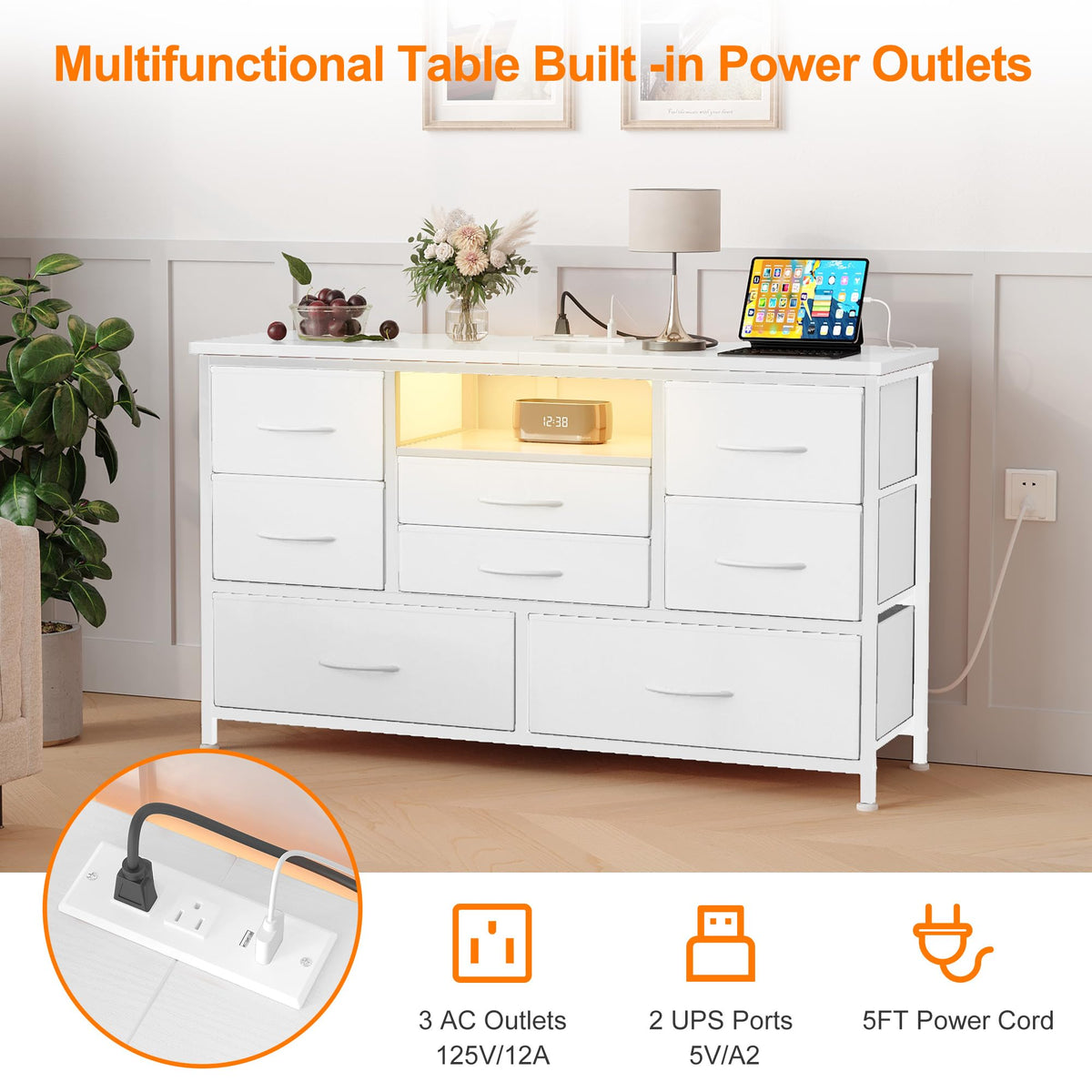 8 Drawer LED TV Stand Dresser with Charging Station N639946
