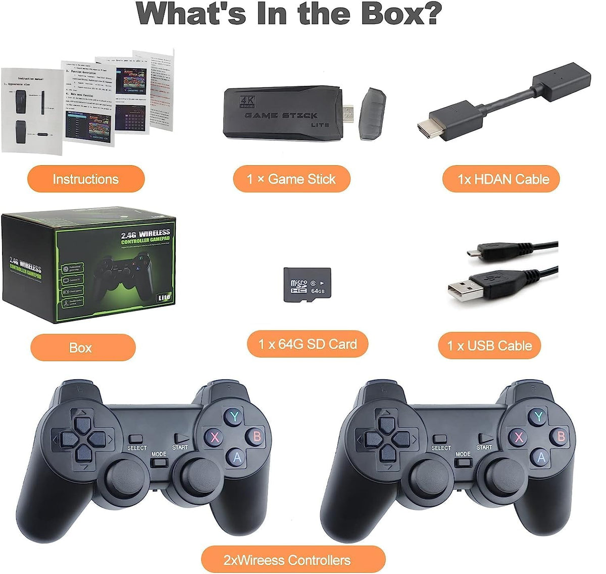 Plug and Play Retro Game Console with 4K HDMI Output, 2.4G Wireless Controllers, 64GB Memory Card P567492