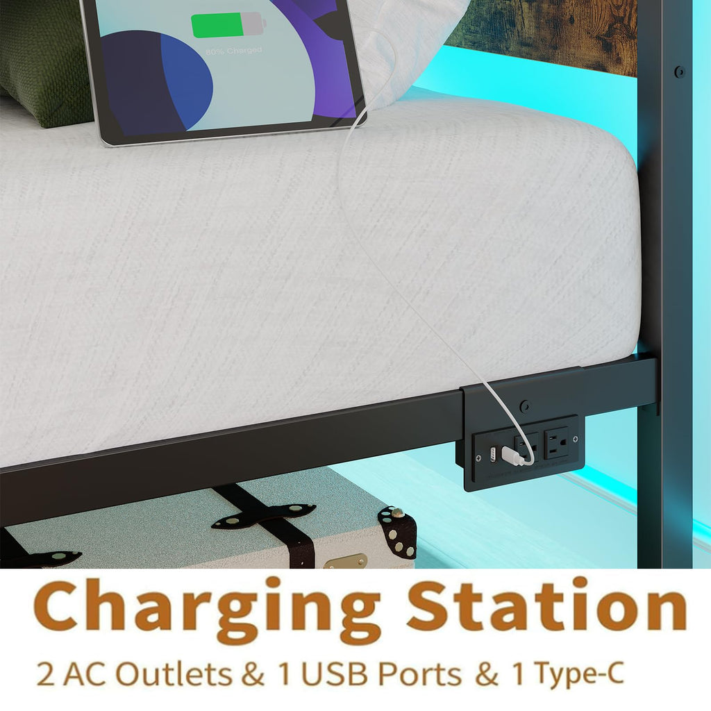 Twin Size Bed Frame with LED Light & Charging Station I977577