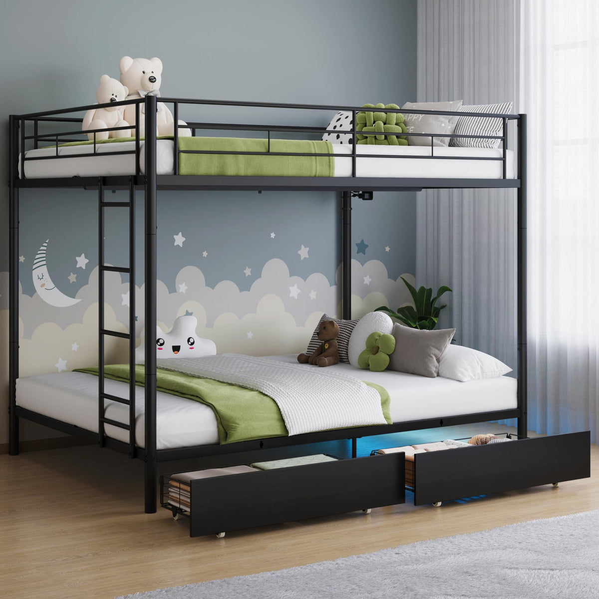 Black Twin Over Twin Metal Bunk Bed with LED Lights, USB Charging Station, 2 Drawers, Guard Rails & Ladder Z61192