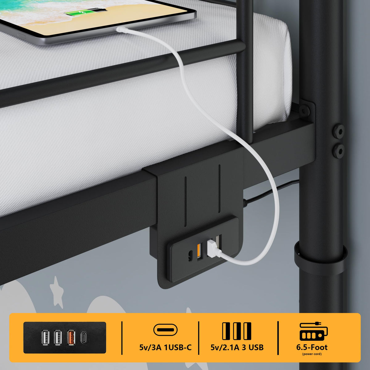 Black Twin Over Twin Metal Bunk Bed with LED Lights, USB Charging Station, 2 Drawers, Guard Rails & Ladder Z61192