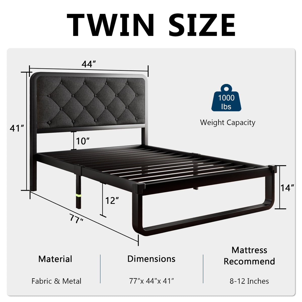 Twin Metal Platform Bed Frame with Linen Upholstered Headboard S13367