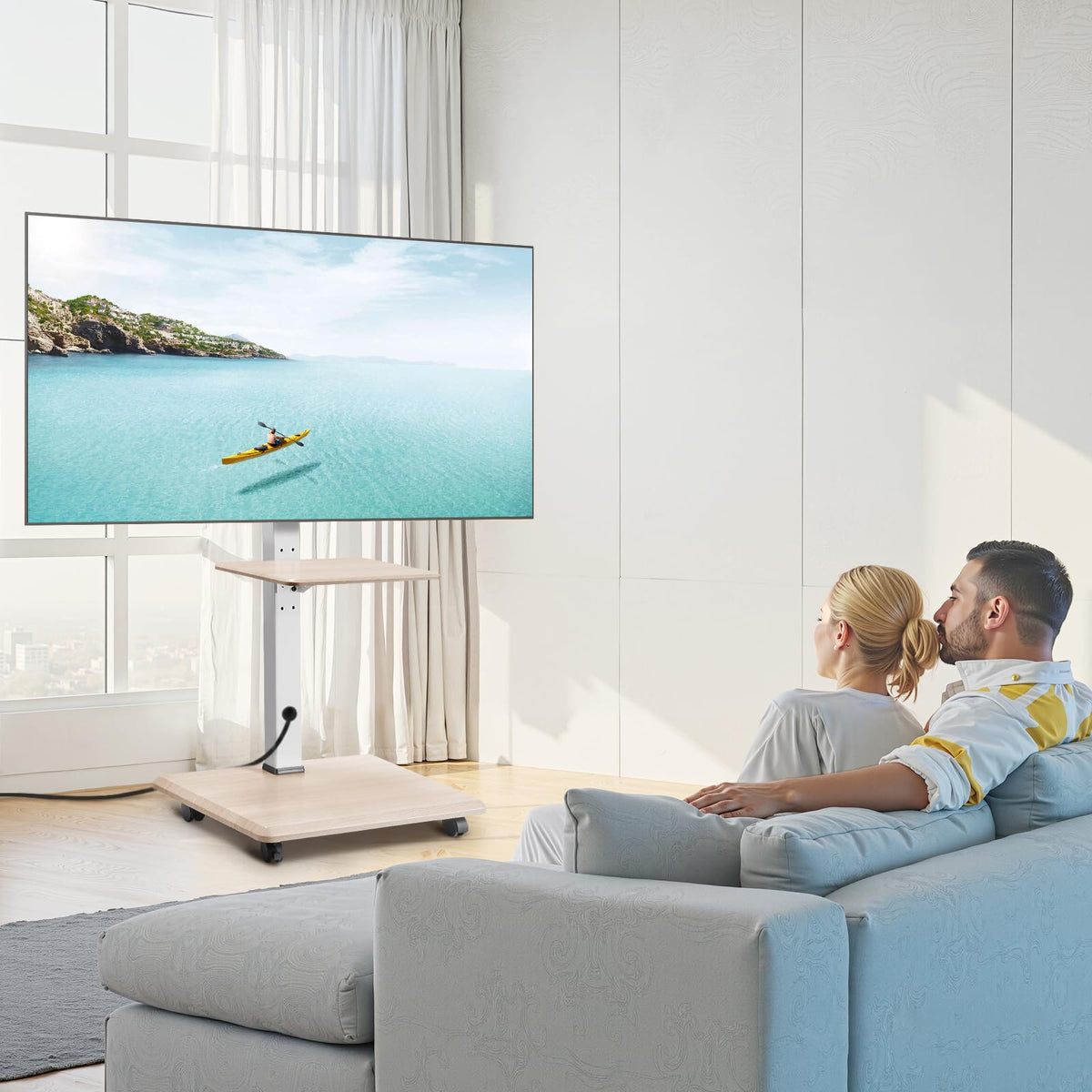 Rolling TV Stand for 32-70 Inch Screens, Height Adjustable with Tray Q5385