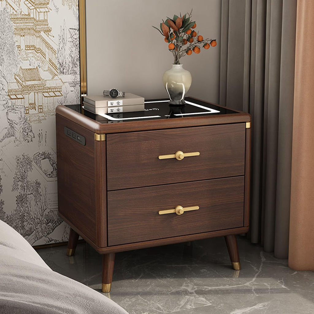 Solid Wood Nightstand with Wireless Charging Station and 2 Drawer Storage C363