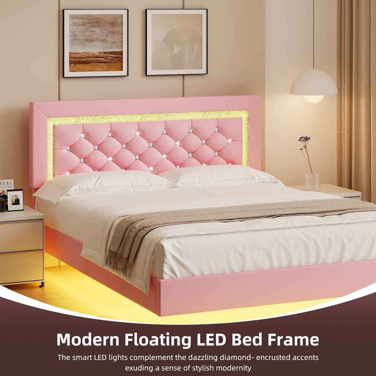 Pink Full Floating Bed Frame with LED Lights and Diamond Headboard I12415