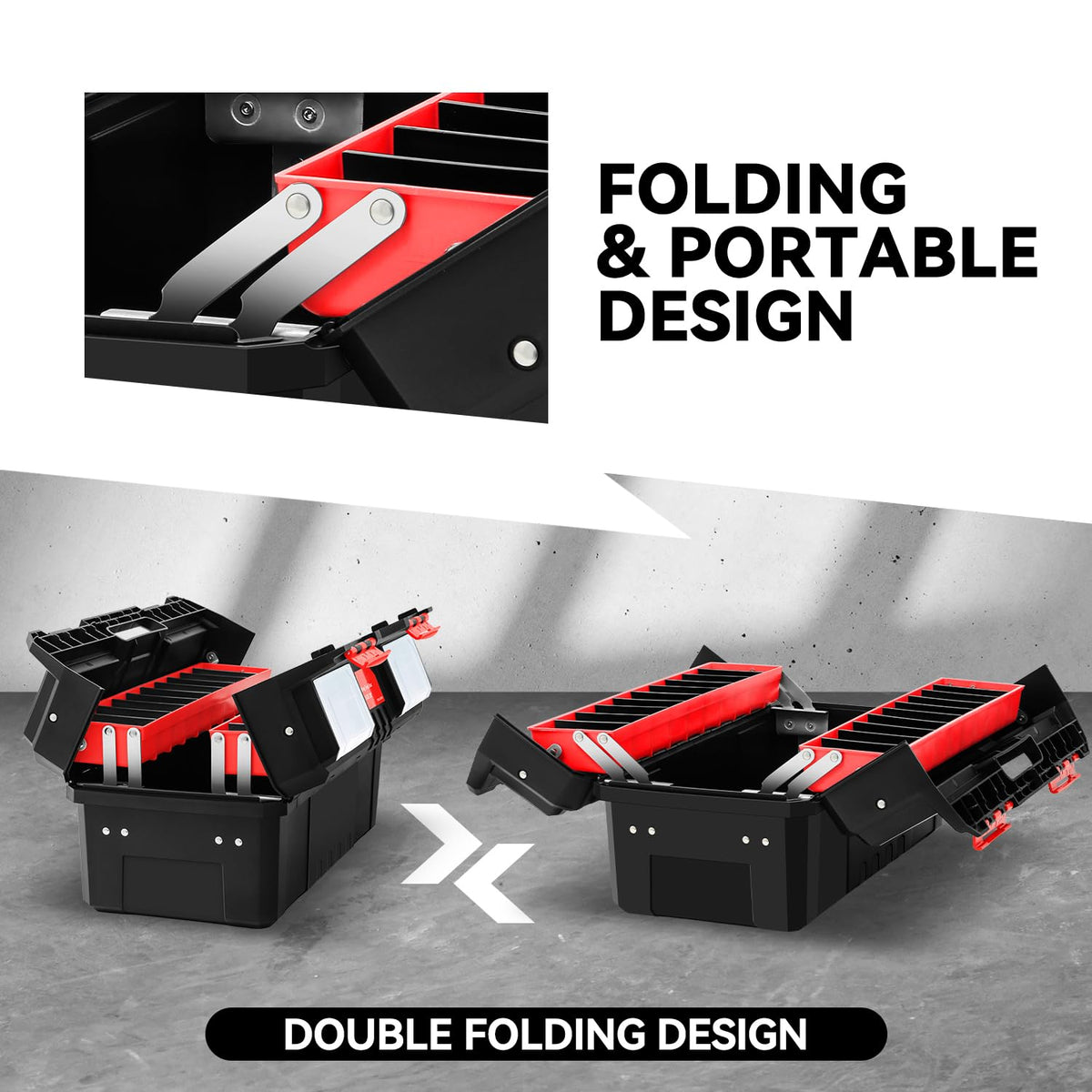 Foldable 2-layer Tool Box with Non-Slip Handle Tray Storage, Red I897