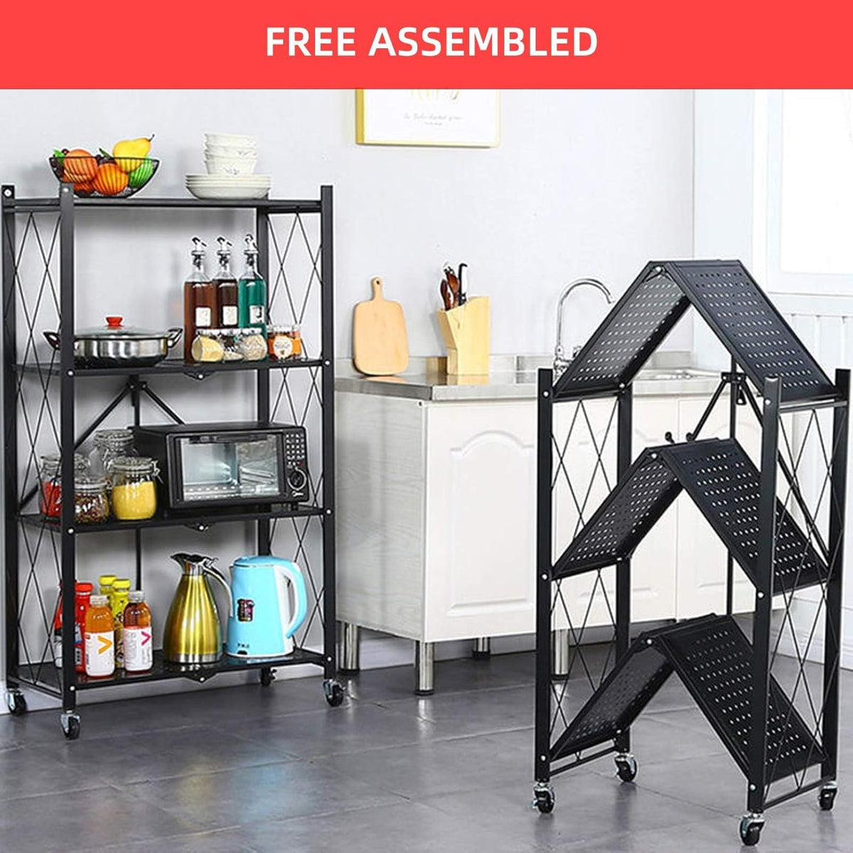 Metal Shelves, 4-Tier Foldable Shelving Unit with Wheels A65975