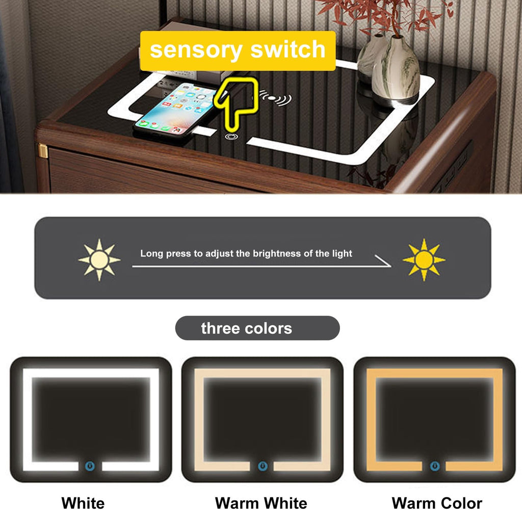 Solid Wood Nightstand with Wireless Charging Station and 2 Drawer Storage C363