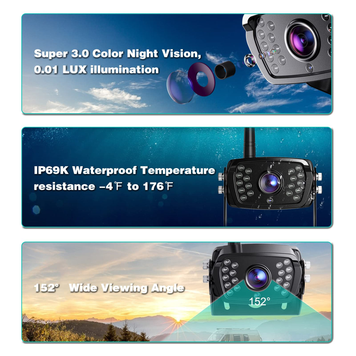 Wireless Backup Camera 7 Inch Monitor Rear View Camera System IP69 Waterproof Night Vision H13706