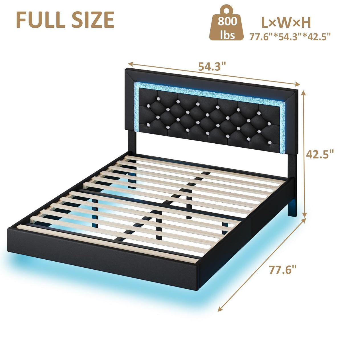 Black Full Floating Bed Frame with LED Lights and Tufted Headboard U23458