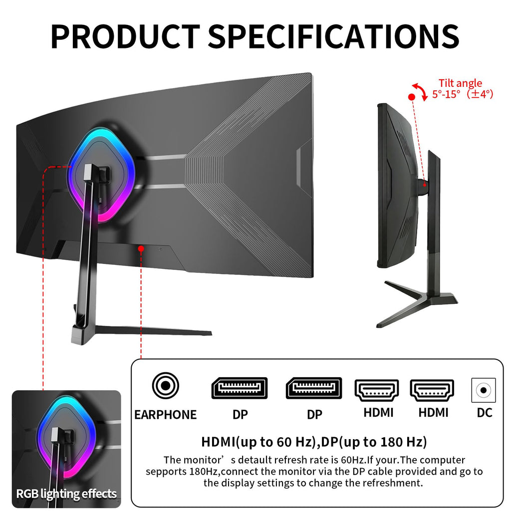 34 Inch Curved Ultrawide Monitor WQHD 165Hz 1ms HDR10 FreeSync G-Sync VESA Mount Compatible Y35029